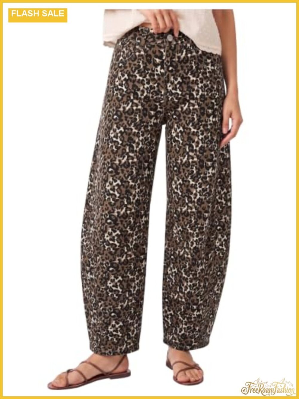 High Waisted Barrel Jeans Women Baggy Leopard Denim Pants Stretchy 27.5 Inseam